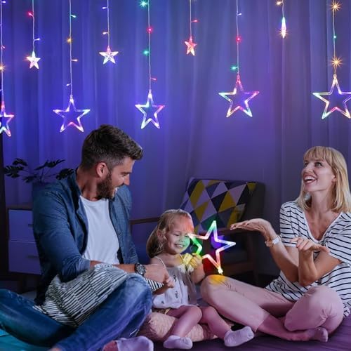 Star Curtain Lights for Bedroom - Plug-in 9ft 138 LED Fairy Twinkle Lights with 12 Star Drops, Connectable, alternate view 4