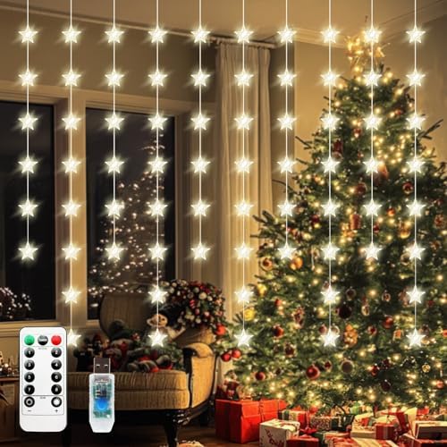 Star Curtain Lights, Warm White Window Lights 70 Stars Hanging Light with Remote Fairy Led Twinkle String Lights