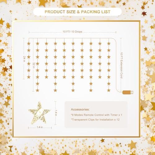 Star Curtain Lights, Warm White Window Lights 70 Stars Hanging Light with Remote Fairy Led Twinkle String Lights, alternate