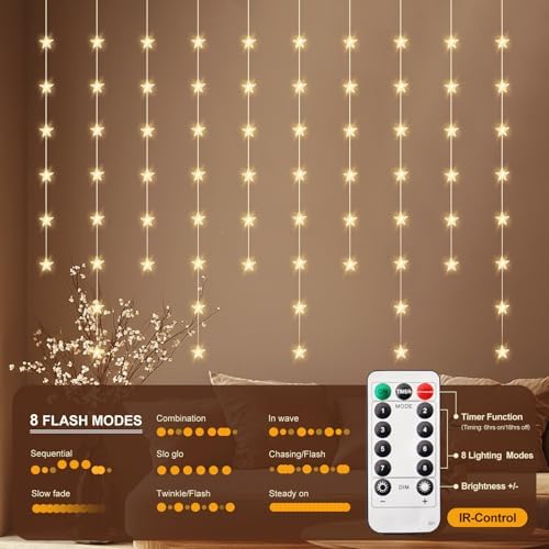 Star Curtain Lights, Warm White Window Lights 70 Stars Hanging Light with Remote Fairy Led Twinkle String Lights, alternate