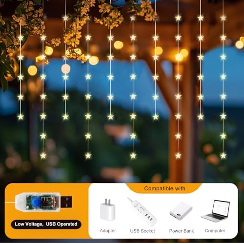 Star Curtain Lights, Warm White Window Lights 70 Stars Hanging Light with Remote Fairy Led Twinkle String Lights, alternate