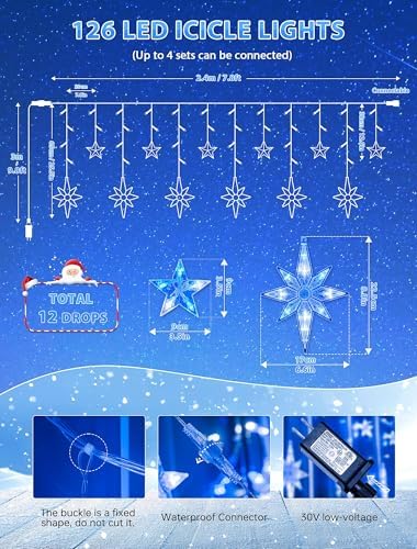 Star Icicle Lights Outdoor,126 Led 12 Star Hanging String Light, alternate view 3