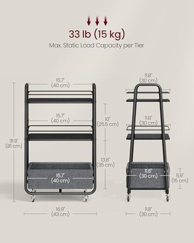 Storage Cart with Fabric Basket, 3-Tier Rolling Utility Cart, alternate view 2