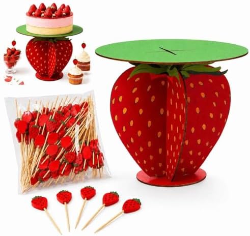 Strawberry Cake Stand with 30 Strawberry Picks,12Inch Wooden Cupcake Stand Dessert Table Centerpiece, Berry