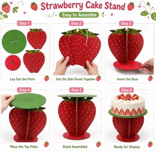 Strawberry Cake Stand with 30 Strawberry Picks,12Inch Wooden Cupcake Stand Dessert Table Centerpiece, Berry, alternate view 2