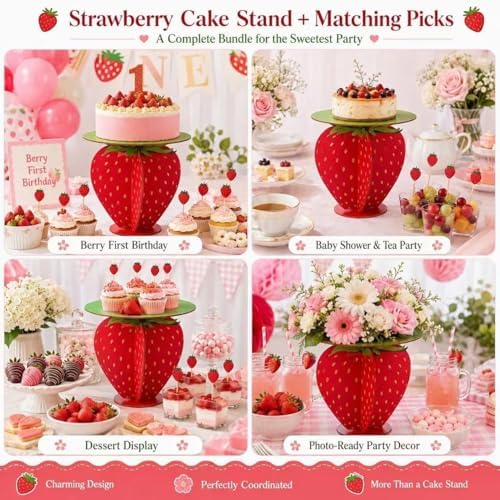 Strawberry Cake Stand with 30 Strawberry Picks,12Inch Wooden Cupcake Stand Dessert Table Centerpiece, Berry, alternate view 4
