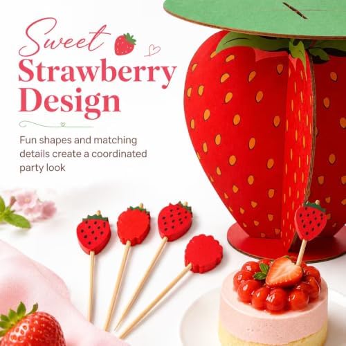 Strawberry Cake Stand with 30 Strawberry Picks,12Inch Wooden Cupcake Stand Dessert Table Centerpiece, Berry, alternate view 5