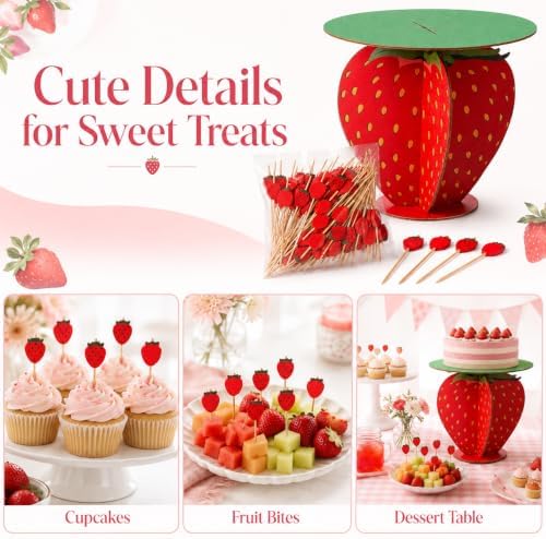 Strawberry Cake Stand with 30 Strawberry Picks,12Inch Wooden Cupcake Stand Dessert Table Centerpiece, Berry, alternate view 6