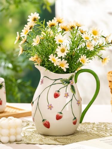 Strawberry Summer Pitcher Vase with Handle, Artisanal Handmade in Strawberries & Floral
