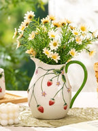 Strawberry Summer Pitcher Vase with Handle, Artisanal Handmade in Strawberries & Floral