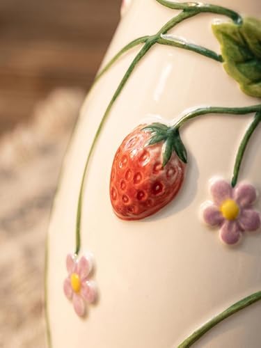 Strawberry Summer Pitcher Vase with Handle, Artisanal Handmade in Strawberries & Floral, alternate view 2