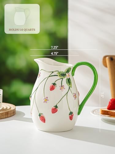 Strawberry Summer Pitcher Vase with Handle, Artisanal Handmade in Strawberries & Floral, alternate view 3