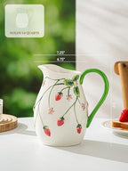 Strawberry Summer Pitcher Vase with Handle, Artisanal Handmade in Strawberries & Floral, alternate view 3