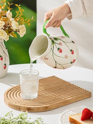 Strawberry Summer Pitcher Vase with Handle, Artisanal Handmade in Strawberries & Floral, alternate view 4