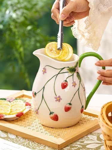 Strawberry Summer Pitcher Vase with Handle, Artisanal Handmade in Strawberries & Floral, alternate view 5