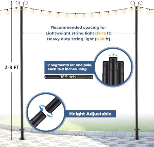 String Light Pole 8 FT Adjustable, 1 Pack Heavy Duty 1.5" Rustproof Metal Mounting Pole for Deck, Fence, Patio, alternate