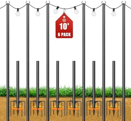 String Light Poles for Outside, 10ft Adjustable Metal Poles for Outdoor String Lights Hanging Light, Outdoor