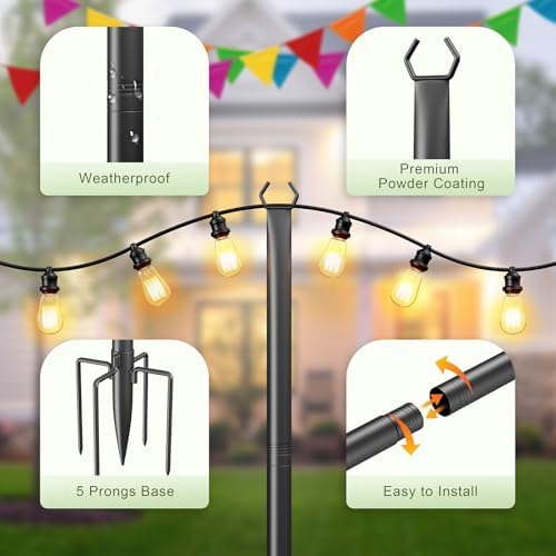 String Light Poles for Outside, 10ft Adjustable Metal Poles for Outdoor String Lights Hanging Light, Outdoor, alternate view