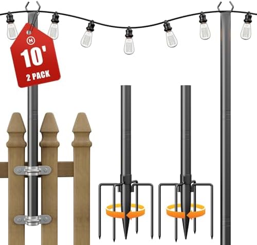 String Light Poles for Outside 2 Pack, 10Ft Metal Poles Stand for Hanging Outdoor Light Strings, Adjustable
