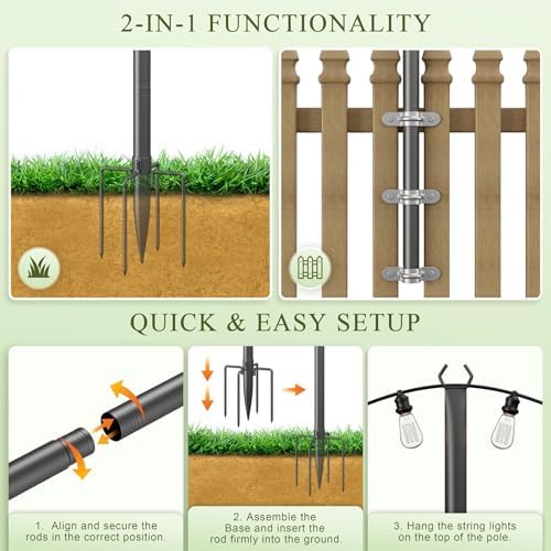 String Light Poles for Outside 2 Pack, 10Ft Metal Poles Stand for Hanging Outdoor Light Strings, Adjustable, alternate view 5