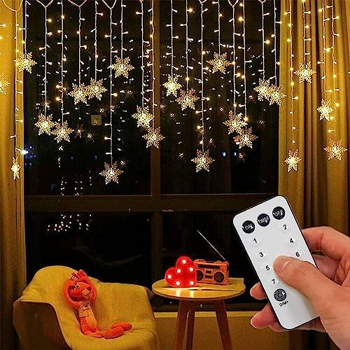 String Lights LED Curtain Light, 96 LED Fairy Hanging String Lights Waterproof Christmas Snowflake Lights with