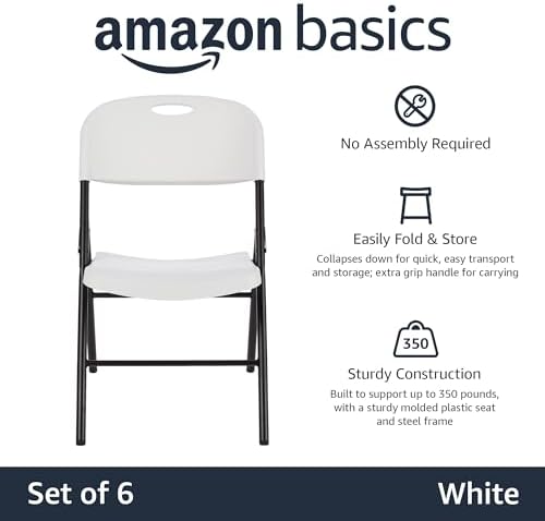Sturdy Foldable Portable Plastic Chair, 350-Pound Capacity, Space Saving for Events and Seating, White, 6-Pack, alternate