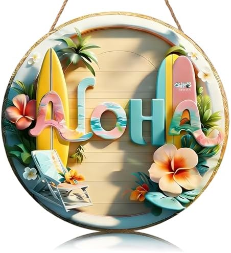 Summer Door Sign Double Layer 3D Front Door Sign Aloha Floral Skateboard Wreath Hawaiian Style Hanger Wooden