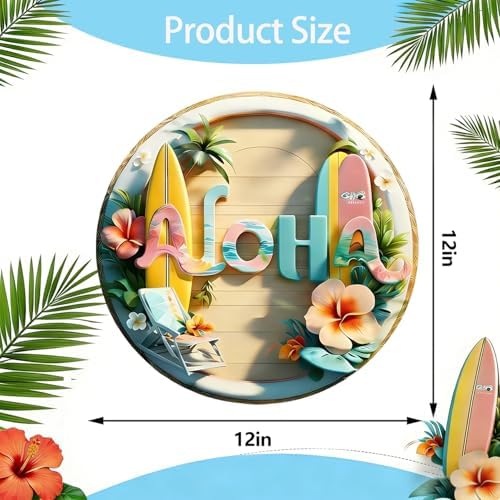 Summer Door Sign Double Layer 3D Front Door Sign Aloha Floral Skateboard Wreath Hawaiian Style Hanger Wooden, alternate view