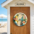 Summer Door Sign Double Layer 3D Front Door Sign Aloha Floral Skateboard Wreath Hawaiian Style Hanger Wooden, alternate view