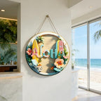 Summer Door Sign Double Layer 3D Front Door Sign Aloha Floral Skateboard Wreath Hawaiian Style Hanger Wooden, alternate view