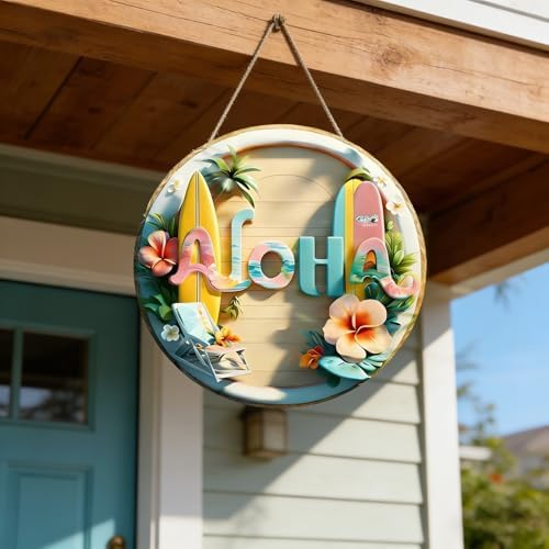 Summer Door Sign Double Layer 3D Front Door Sign Aloha Floral Skateboard Wreath Hawaiian Style Hanger Wooden, alternate view
