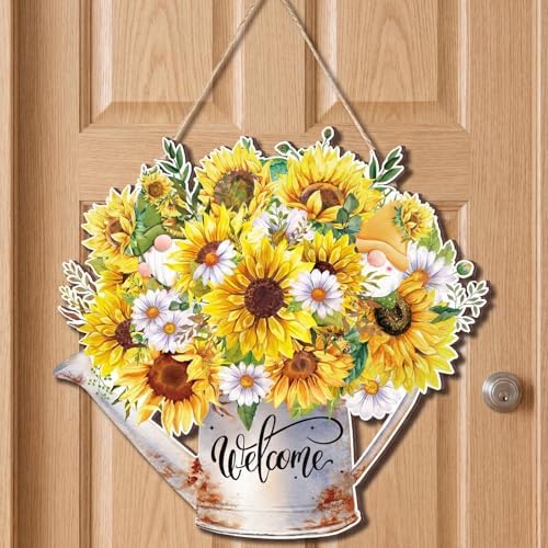 Summer Sunflower Welcome Sign Wood Door Hanger Watering Can Decor