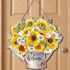 Summer Sunflower Welcome Sign Wood Door Hanger Watering Can Decor
