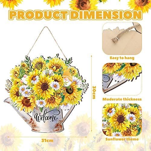Summer Sunflower Welcome Sign Wood Door Hanger Watering Can Decor, alternate view 3