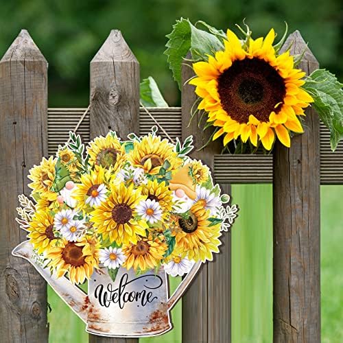 Summer Sunflower Welcome Sign Wood Door Hanger Watering Can Decor, alternate view 5