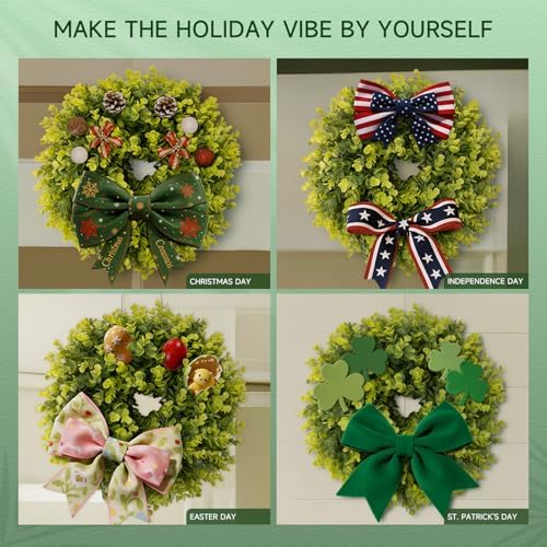 Summer Wreaths for Front Door 15" Artificial Boxwood Wreath Spring Door Wreath for Farmhouse Wedding Festival, alternate view