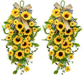 Sunflower Teardrop Swag Wreath for Front Door, 24 Inch Spring Summer Floral Door Hanging Decor with Burlap Bow