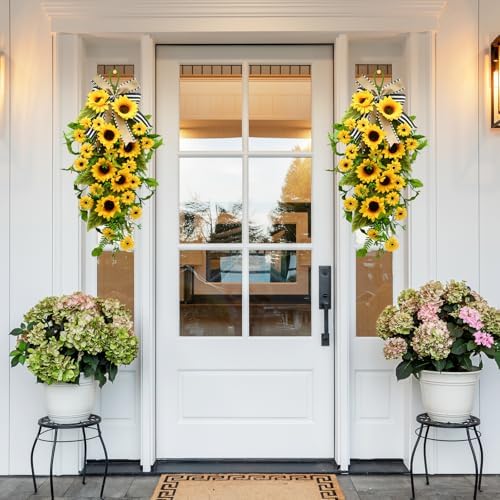 Sunflower Teardrop Swag Wreath for Front Door, 24 Inch Spring Summer Floral Door Hanging Decor with Burlap Bow, alternate