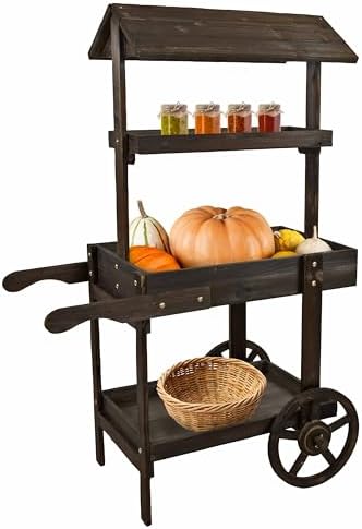 Sunnydaze Flower Cart Display Stand with Wheels, Pine Wood, 49” H, Brown in Brown