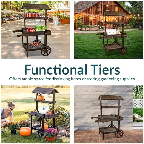 Sunnydaze Flower Cart Display Stand with Wheels, Pine Wood, 49” H, Brown in Brown, alternate view 4