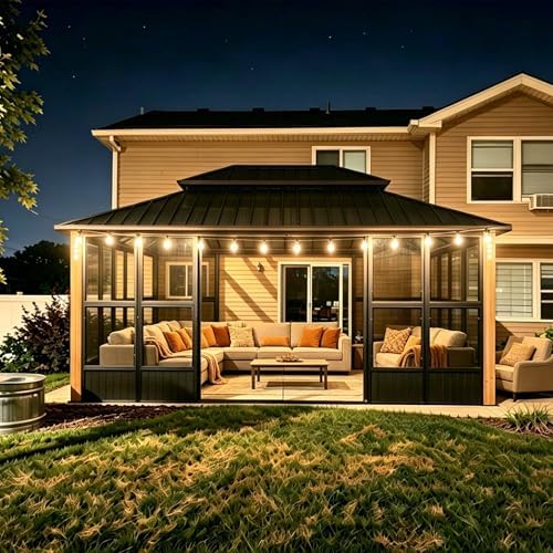Sunroom 12' x 16' Enclosed Gazebo with Light, Sliding Doors