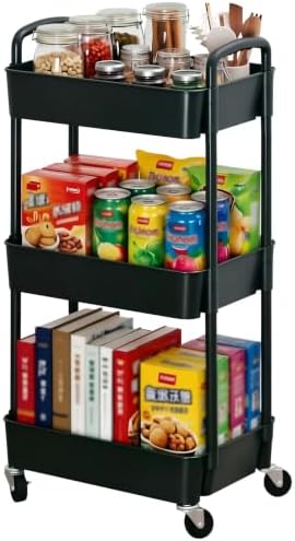Sywhitta 3-Tier Plastic Rolling Utility Cart with Wheels for Storage, Black in Black