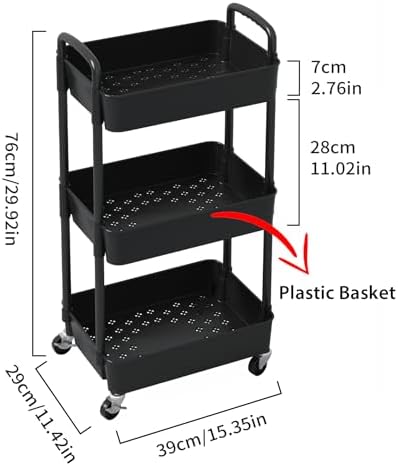 Sywhitta 3-Tier Plastic Rolling Utility Cart with Wheels for Storage, Black in Black, alternate view 3