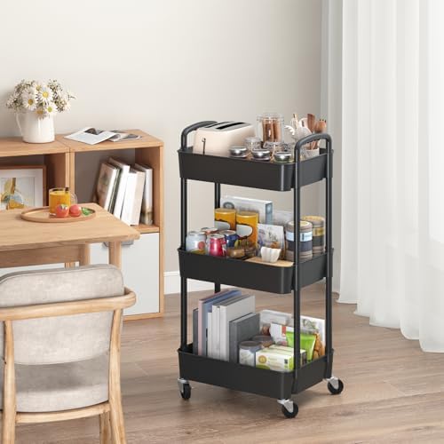 Sywhitta 3-Tier Plastic Rolling Utility Cart with Wheels for Storage, Black in Black, alternate view 4