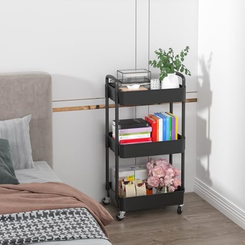 Sywhitta 3-Tier Plastic Rolling Utility Cart with Wheels for Storage, Black in Black, alternate view 6
