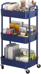 Sywhitta 3-Tier Plastic Rolling Utility Cart with Wheels for Storage, Blue in Blue
