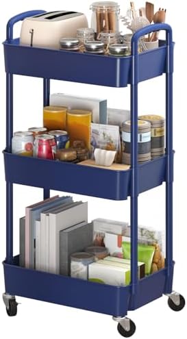 Sywhitta 3-Tier Plastic Rolling Utility Cart with Wheels for Storage, Blue in Blue