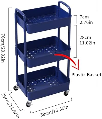 Sywhitta 3-Tier Plastic Rolling Utility Cart with Wheels for Storage, Blue in Blue, alternate view 3