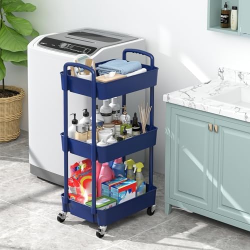 Sywhitta 3-Tier Plastic Rolling Utility Cart with Wheels for Storage, Blue in Blue, alternate view 4