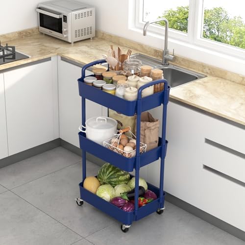 Sywhitta 3-Tier Plastic Rolling Utility Cart with Wheels for Storage, Blue in Blue, alternate view 5